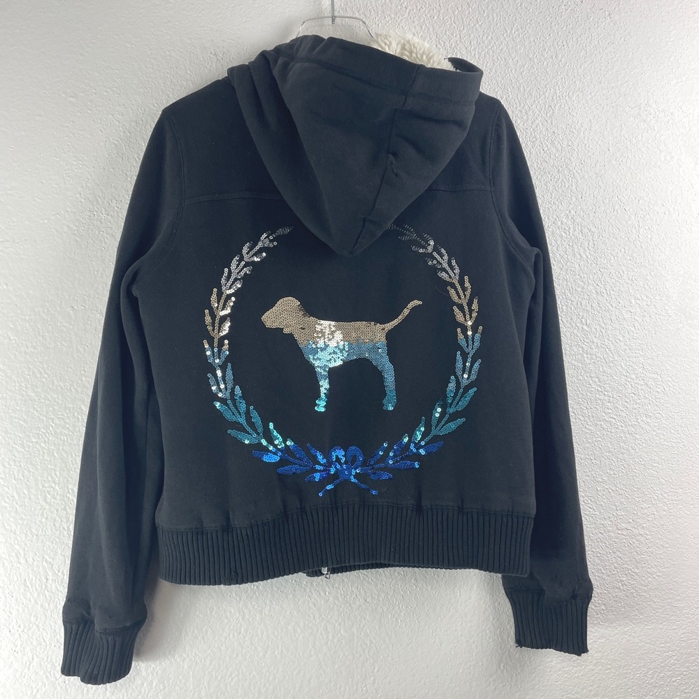 PINK Victoria's Secret Hoodie Women Small Black Sequin Dog Logo Faux Fur Zip Up